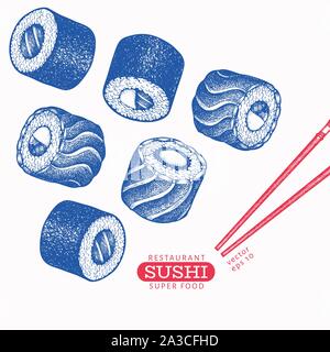 Sushi handgezeichnete Vektorgrafiken. Japanische Küche Elemente Vintage Style. Asiatische Lebensmittel Hintergrund. Stock Vektor