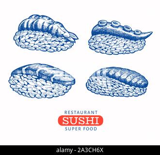 Sushi nigiri handgezeichnete Vektorgrafiken. Japanische Küche Elemente Vintage Style. Asiatische Lebensmittel Hintergrund. Stock Vektor