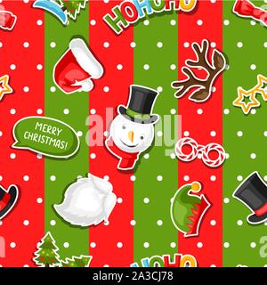 Frohe Weihnachten nahtlose Muster mit Photo Booth Aufkleber. Stock Vektor