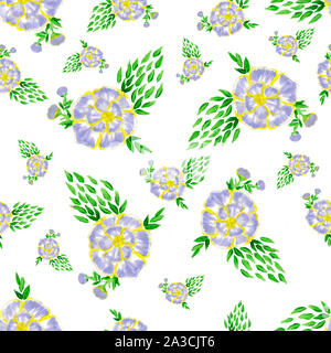 Nahtlose violett Blumen muster mit Blumen auf weißem Hintergrund, Aquarell Blumen Malerei Muster, lila Blüten mit grünen Blättern, Flora Stockfoto
