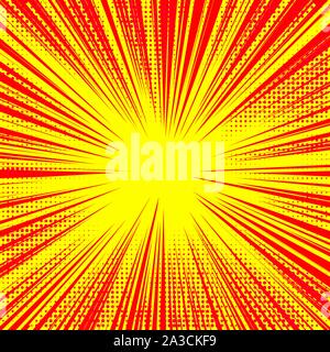 Explosion Vector Illustration. Retro Pop Art Hintergrund mit Punkten. Lichtstrahlen. Stock Vektor