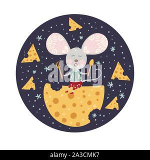 Weihnachten lustig cartoon Maus in einem flachen Stil mit leckeren Käse Snack. Winter Vektor poster Mit niedlichen Neues Jahr Mäuse. Stock Vektor