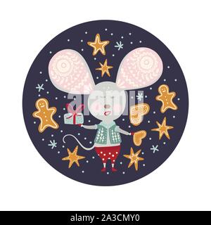 Weihnachten lustig cartoon Maus in einem flachen Stil und ginderbread Cookies. Winter Vektor poster Mit niedlichen Neues Jahr Mäuse. Stock Vektor
