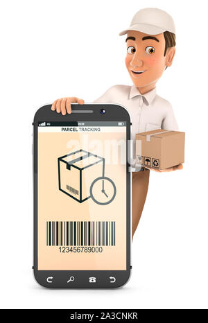3d-delivery man hinter Smartphone mit Paket, Illustration mit isolierten weißen Hintergrund Stockfoto