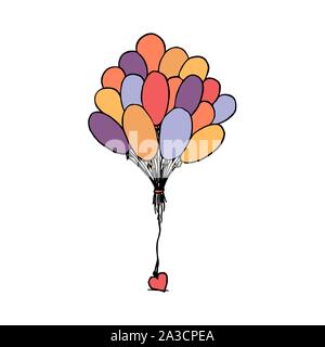 Bündel Luftballons zusammen mit Herz gebunden. Bunte Umrisse auf weißem Hintergrund. Bild kann in Grußkarten, Poster, Flyer, Banner, Logo verwendet werden, die weitere Gestaltung etc. Vector Illustration. EPS 10. Stock Vektor