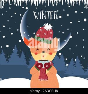 Cute winter Fuchs trinken heißen Tee. Kawai baby Fox auf Schal, Mütze und Handschuhe holding Tasse mit heißem Getränk auf Nacht Schnee Wald Hintergrund. Cartoon flach Stock Vektor