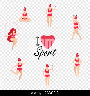 Training Mädchen gesetzt. Frau Full Body Fitness, Yoga Übungen mit Hanteln, springen Seil. Fitness, Gewichtsverlust. Plus Size ich liebe Sport Cartoon Flachbild Vect Stock Vektor