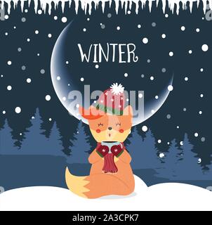 Baby Fox in Hut und Schal sitzen auf Schnee halten Becher mit heißen Getränk Süß bei Nacht Winter Hintergrund mit Tannen und fallende Schneeflocken Cartoon Flachbild v Stock Vektor