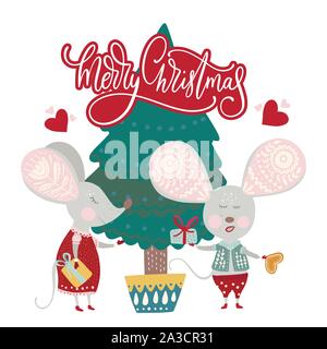 Weihnachten lustig cartoon Mäuse in einem flachen Stil und fie Baum mit Schriftzug Zitat - Frohe Weihnachten. Winter Vektor poster Mit niedlichen Neues Jahr Mäuse. Stock Vektor