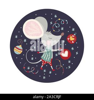 Weihnachten lustig Cartoon träumen Maus in einem flachen Stil. Winter Vektor poster Mit niedlichen Neues Jahr Mäuse und christmas ball Dekorationen. Stock Vektor