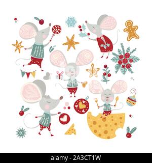 Weihnachten lustig cartoon Maus in einem flachen Stil. Winter Vektor icon Sammlung mit niedlichen Neues Jahr Mäuse und Dekorationen. Stock Vektor