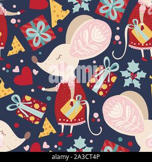 Die nahtlose Vektor Muster mit cute Cartoon träumen Maus mit Holly Berry und Geschenk im skandinavischen Stil. Flache Ratte kunstvolle Illustration für das Neue Jahr 2020. Stock Vektor