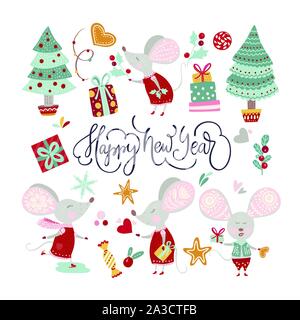 Weihnachten lustig cartoon Maus in einem flachen Stil. Winter Vektor icon Sammlung mit niedlichen Neues Jahr Mäuse und Dekorationen. Stock Vektor