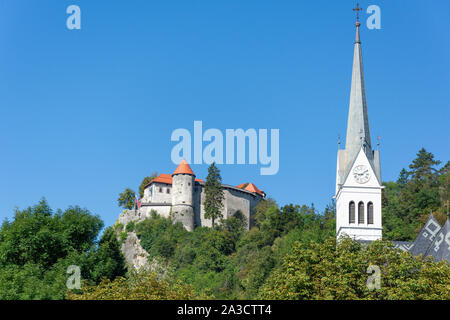 Die Burg von Bled und von der Pfarrkirche St Martina (St. Martinskirche), Bled, Obere Kraina, Slowenien Stockfoto