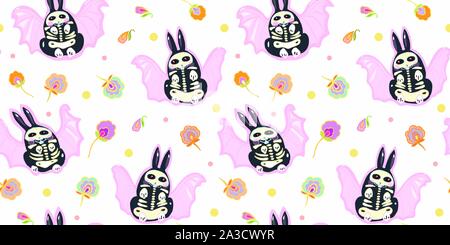 Die nahtlose Vektor Tag der Toten Volkskunst Muster mit Hand gezeichnet Kawaii bat Bunny, Zucker Scull, Katze Kopf und Stern. Lustig und fröhlich Design für Ihre perfekte Party. Stock Vektor