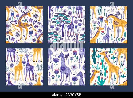 Nahtlose patten Vektor mit niedlichen Hand aufgestellten verzierten Giraffen im skandinavischen Stil. Afrika Tier Hintergrund Sammlung. Sommer safari Mode Flachbild giraffe Illustrationen. Stock Vektor