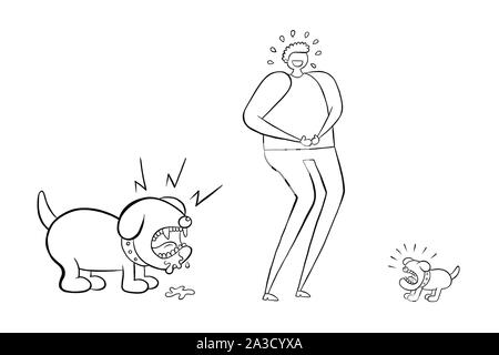 Mann lachenden kleinen Hund, aber er ist nicht der große Hund sehen, hinter ihm. Sie 'il schreien werden in Angst. Vector Illustration. Schwarzen umrissen und weißen Hintergrund. Stock Vektor