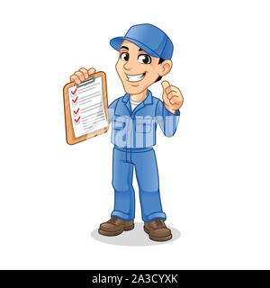 Mechaniker Mann mit Zwischenablage mit Daumen nach oben Hand in der anderen Hand für Service, Reparatur oder Wartung Maskottchen Konzept Cartoon Character Design. Stock Vektor