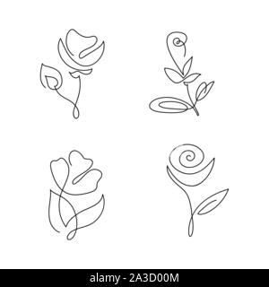 Satz von kontinuierlichen Linie Handzeichnung kalligrafischen Vektor blumen Konzept logo Schönheit. Monoline-versicherer spring Floral Design Element im minimalistischen Stil. Valentine Stock Vektor
