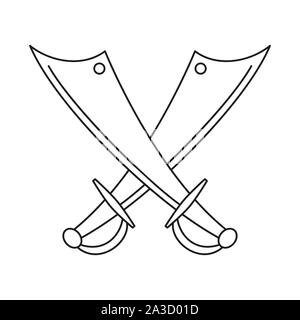 Line Art Schwarz und Weiß scimitars gekreuzt. Medieval Festival Requisiten. Märchen Thema Vector Illustration für Symbol, Stempel, Aufkleber, Zertifikat, Geschenk, Ca Stock Vektor