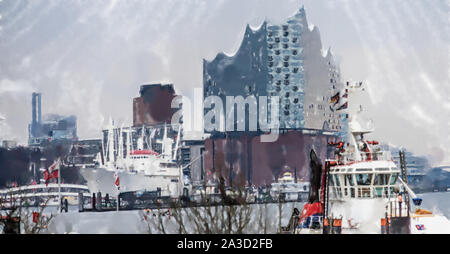 Aquarell Abbildung: Blick über das Hafenbecken mit Schiffen am frühen Sonntag Morgen. Stockfoto