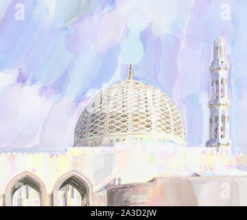 Aquarell Bild: Kuppel und Minarett der Großen Moschee Stockfoto