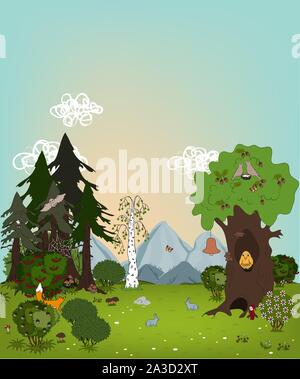 Cartoon Sommer Landschaft mit Bäumen, Wiesen und Berge. Schönen Rasen in der Holz-, Kinder vector Hintergrund. Stock Vektor