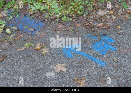 Spritzlackiert blauen Pfeil auf Asphaltstraße Oberfläche - als Teil des Mängelbeseitigungsplans Leitungswasser Aktivität auf einer Landstraße. Leitungswasser austreten. Stockfoto