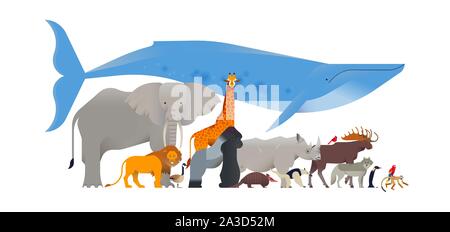 Tier Sammlung auf isolierten weißen Hintergrund. Diverse wilde Tiere flachbild Cartoon für pädagogische wildlife Kinder Design oder vom Aussterben bedrohte Fauna Projek Stock Vektor