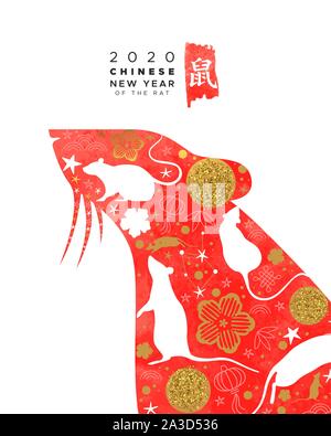Chinesisches Neujahr 2020 Grußkarte von Red Aquarell maus Tier mit modernen gold Astrologie doodle Symbole. Kalligraphie symbol Übersetzung: Ratte. Stock Vektor