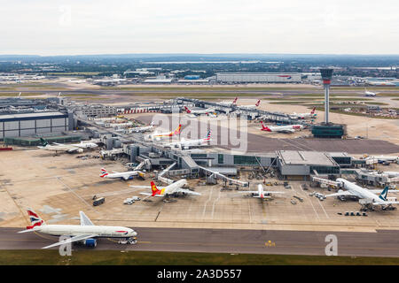 London, Großbritannien, 10. Juli 2019: Luftbild von Terminal 3 am Flughafen London Heathrow (LHR) im Vereinigten Königreich. Stockfoto