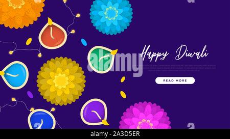 Happy Diwali web Landing Page Template. Traditionelle hinduistische Feier Blumen und Kerzen Cartoon für indische Holiday event. Stock Vektor