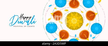 Happy Diwali Festival Web Banner Abbildung: traditionelle hinduistische Feier Blumen und Kerzen Cartoon für indische Holiday event. Stock Vektor