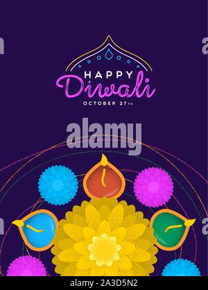 Happy Diwali Festival Grußkarte Abbildung: traditionelle hinduistische Feier Blumen und Kerzen Cartoon für indische Holiday event. Stock Vektor
