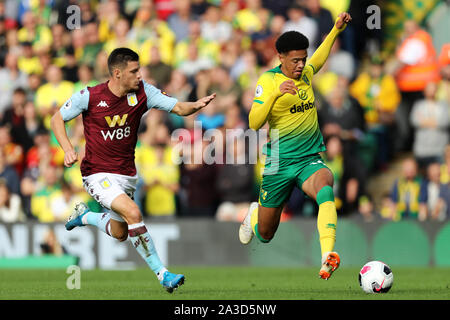 Jamal Lewis von Norwich City und Frederic Guilbert von Aston Villa - Norwich City gegen Aston Villa, Premier League, Carrow Road, Norwich, Großbritannien - 5. Oktober 2019 Editorial nur verwenden - DataCo Einschränkungen Stockfoto