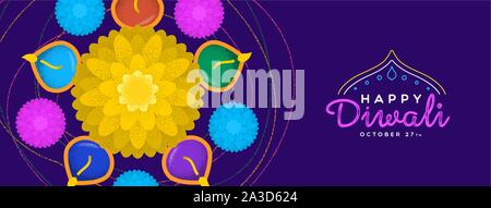 Happy Diwali Festival Web Banner Abbildung: traditionelle hinduistische Feier Blumen und Kerzen Cartoon für indische Holiday event. Stock Vektor