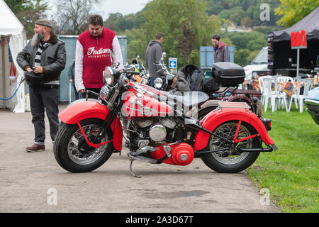 1946 Vintage Harley Davidson Motorrad an einem Prescott Hill Climb Ereignis. Gloucestershire, England Stockfoto