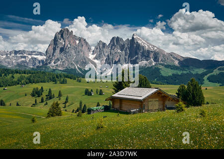 Die Landschaft rund um Seiser Alm, die größte in Europa. In den Dolomiten, Südtirol Stockfoto