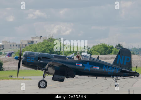 Chance Vought F4U Corsair en Présentation au Salon du Bourget 2019, roulage Apres présentationen vol Pilote verriere Ouverte. Stockfoto