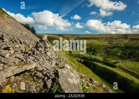 Einen atemberaubenden Blick auf die malerische Swaledale aus der Pennine Way Weg in Richtung Norden. Stockfoto