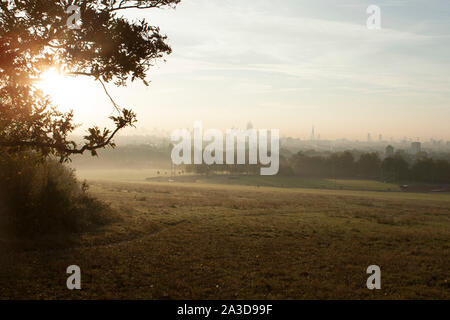 Die Sonne über Hampstead Heath und die City von London Stockfoto