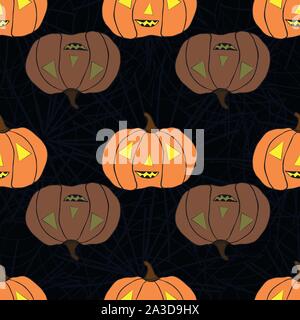 Helle spooky und transparent orange Kürbisse. Die nahtlose Vektor Muster auf subtile Spiderweb schwarzen Hintergrund. Ideal für Halloween Produkte, Geschenkverpackung Stock Vektor