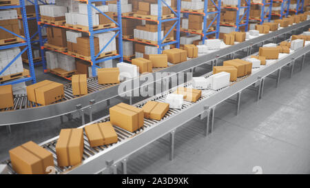 Pakete, Pakete Transport System Konzept, Kartons auf Förderband im Lager. Lager mit Kartons im Inneren auf Stockfoto