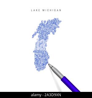 Lake Michigan, einer der Großen Seen Skizze scribble Karte auf weißem Hintergrund. Hand Vektorkarte des Lake Michigan. Realistische 3D-Kugelschreiber Stock Vektor
