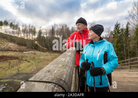 Ältere Paare tun, tägliche Bewegung durch Nordic Walking Stockfoto