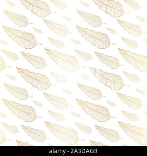 Nahtlose Muster mit philodendron Blatt oder Feder. Doodle Skizze. Goldene Konturen auf weißem Hintergrund. Trendy Textur für digitale Papier, Stoff, dekorative Kulissen, Weihnachten Verpackung. Vector Illustration. EPS 10. Stock Vektor