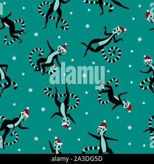 Weihnachten nahtlose Muster mit niedlichen Lemuren. Madagaskar Tiere in roten Hüte mit Schneeflocken auf grünem Hintergrund. Vector Illustration. Stock Vektor