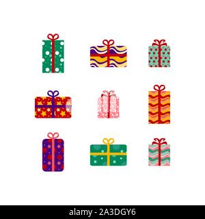 Satz von unterschiedlichen Flat vorhanden Boxen in Geschenkpapier und Schleifen. Vector Illustration. Stock Vektor
