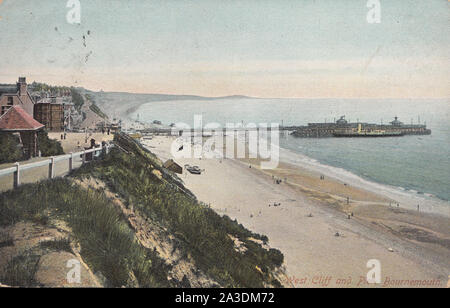 Vintage Edwardian Postkarte zeigt West Cliff und Pier, Bournemouth, Dorset, England Stockfoto