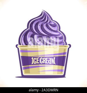 Vector Illustration von Heidelbeere Eis in Pappbecher, lila Yam weiche dienen Eisbecher aus Karton, Whirlpool, für Cafe Takeaway, auf dem Etikett original Text i Stock Vektor